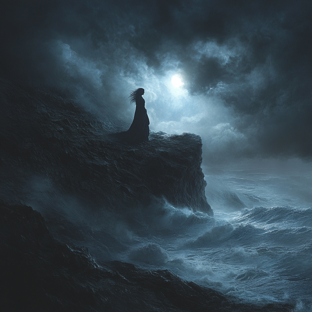 Mysterious Singer on Cliff Under Moonlit Sky