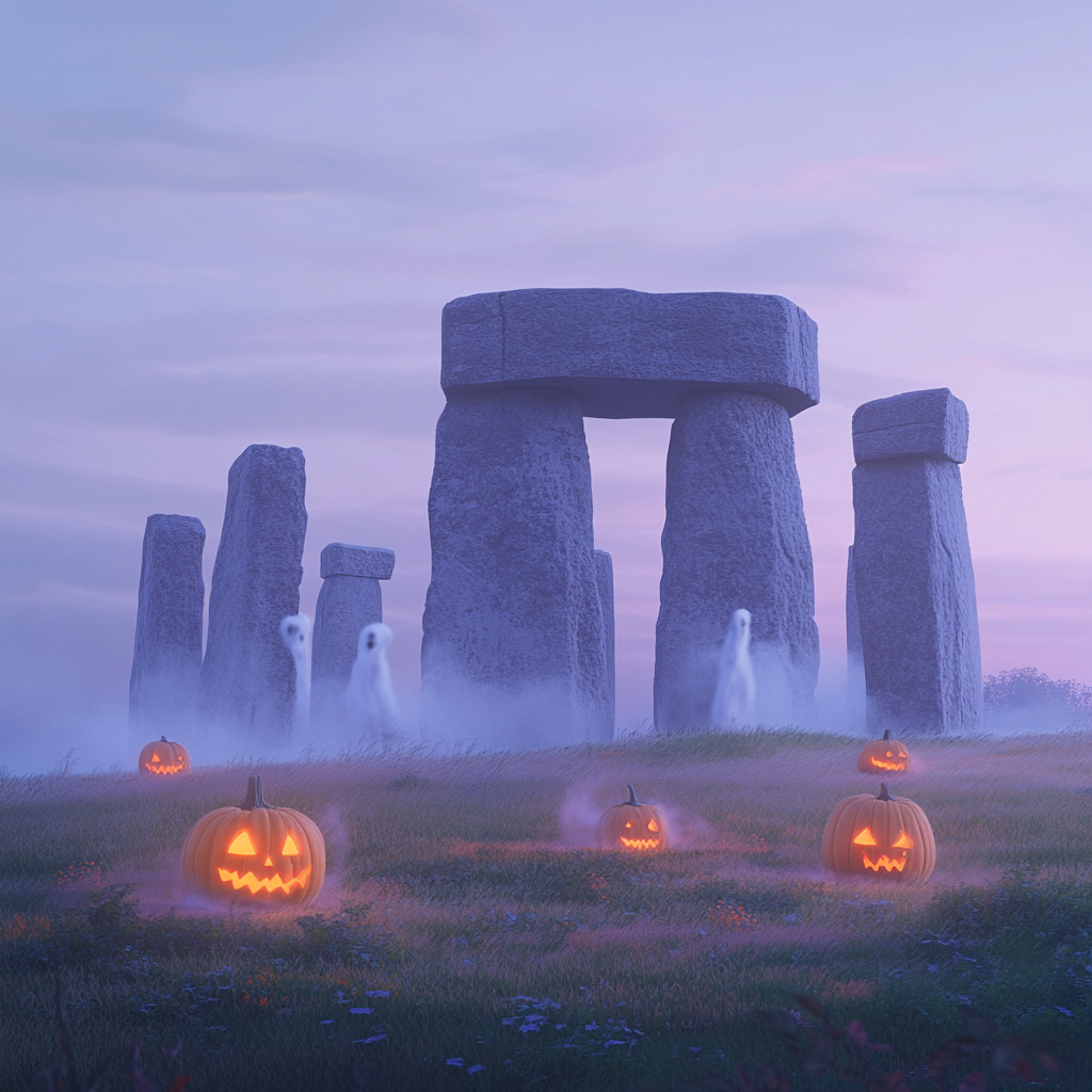 Mysterious Stonehenge with Carved Pumpkins and Ghostly Figures