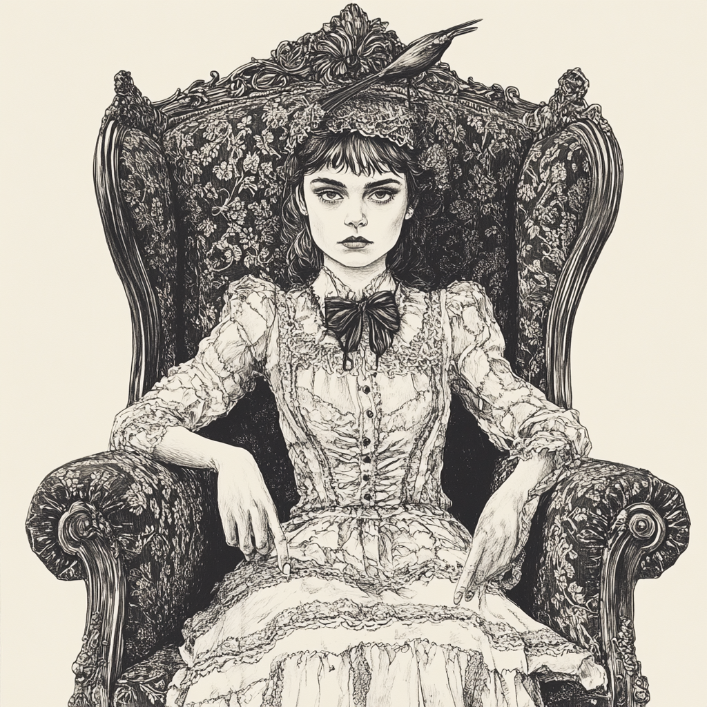 Mysterious Victorian Woman in Ornate Armchair