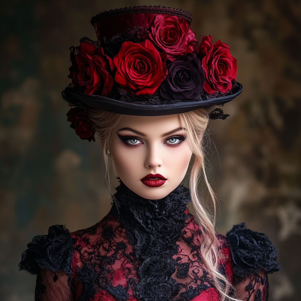 Mysterious Victorian lady in red and black lace.