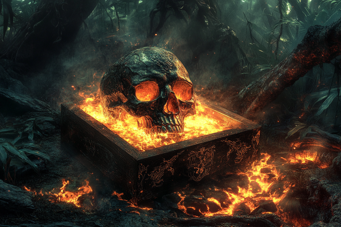 Mysterious box with forest sounds, enchanting skull in light.