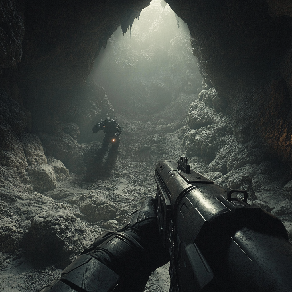 Mysterious cave with ancient soldier and glowing armor