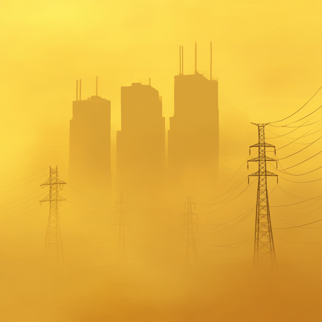 Mysterious cityscape with high-voltage towers in fog