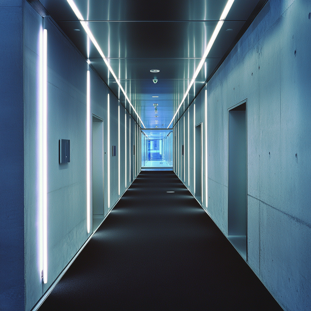 Mysterious corridor with changing lights and black carpet