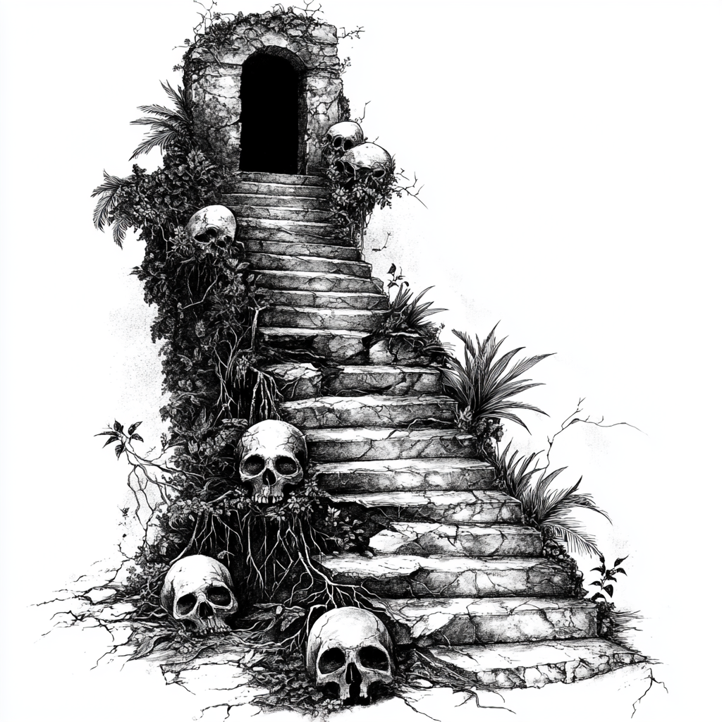 Mysterious door on winding stairs with roots and skulls.