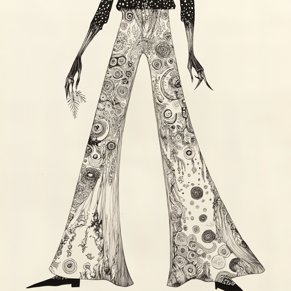 Mysterious figure in detailed pants with mythical patterns.