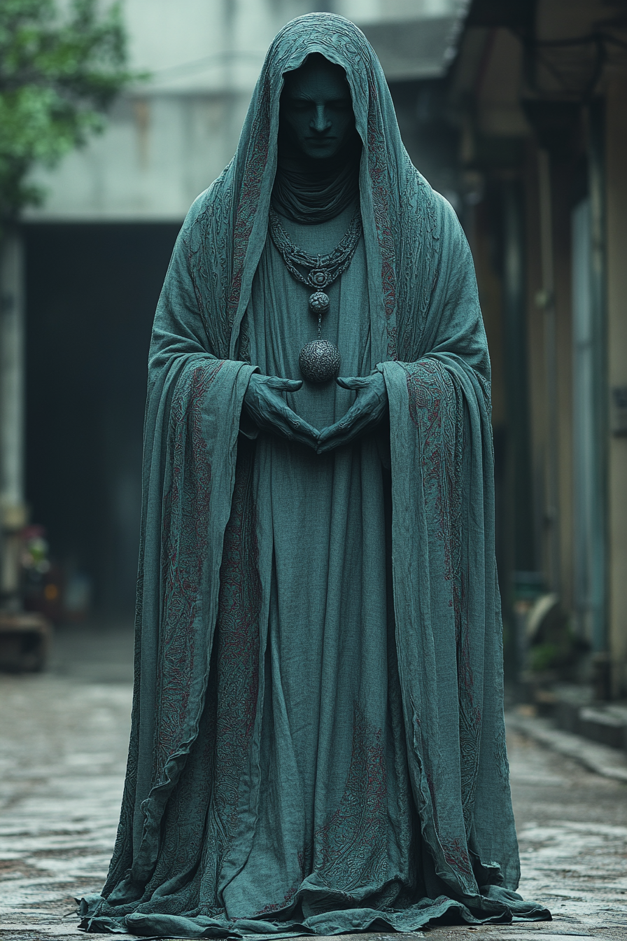 Mysterious figure in robes at dawn on empty streets