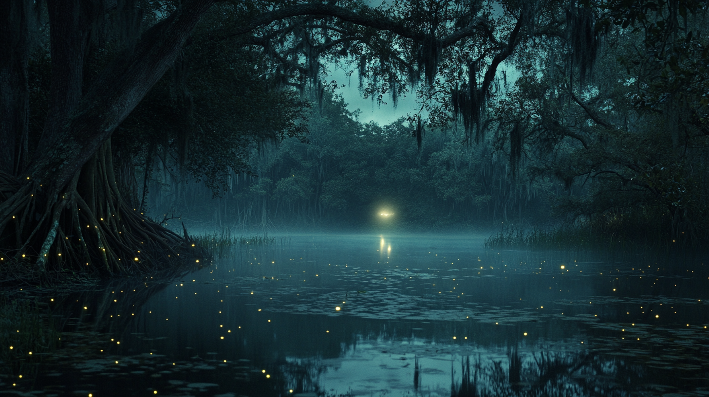 Mysterious figure watches from dark, misty jungle pond.