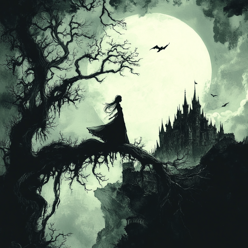 Mysterious figure with castle, bats, and eerie moon