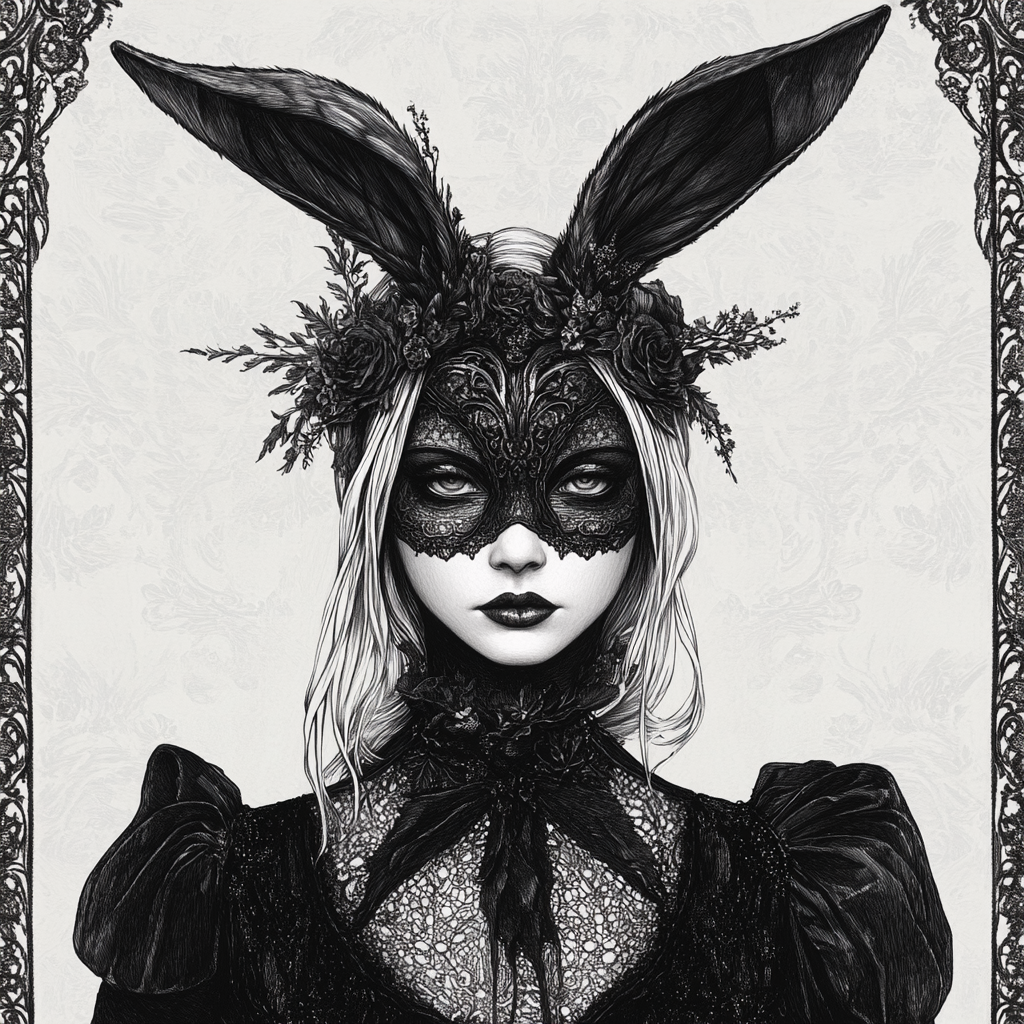 Mysterious gothic figure with rabbit ears in Victorian attire