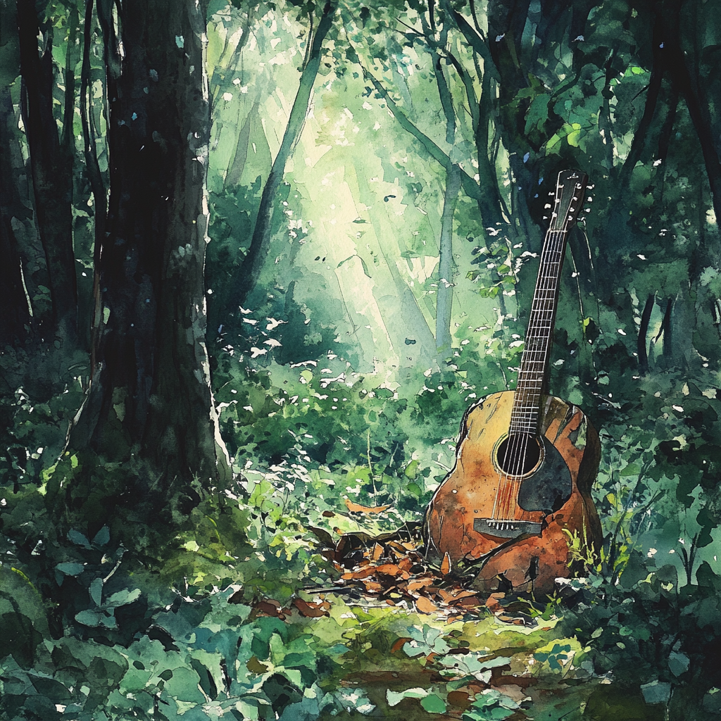 Mysterious guitar hidden in magical forest clearing