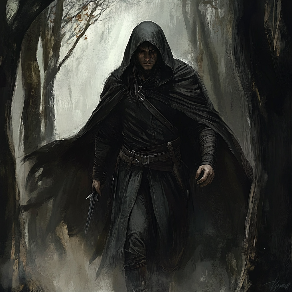 Mysterious male wood elf rogue in black cape