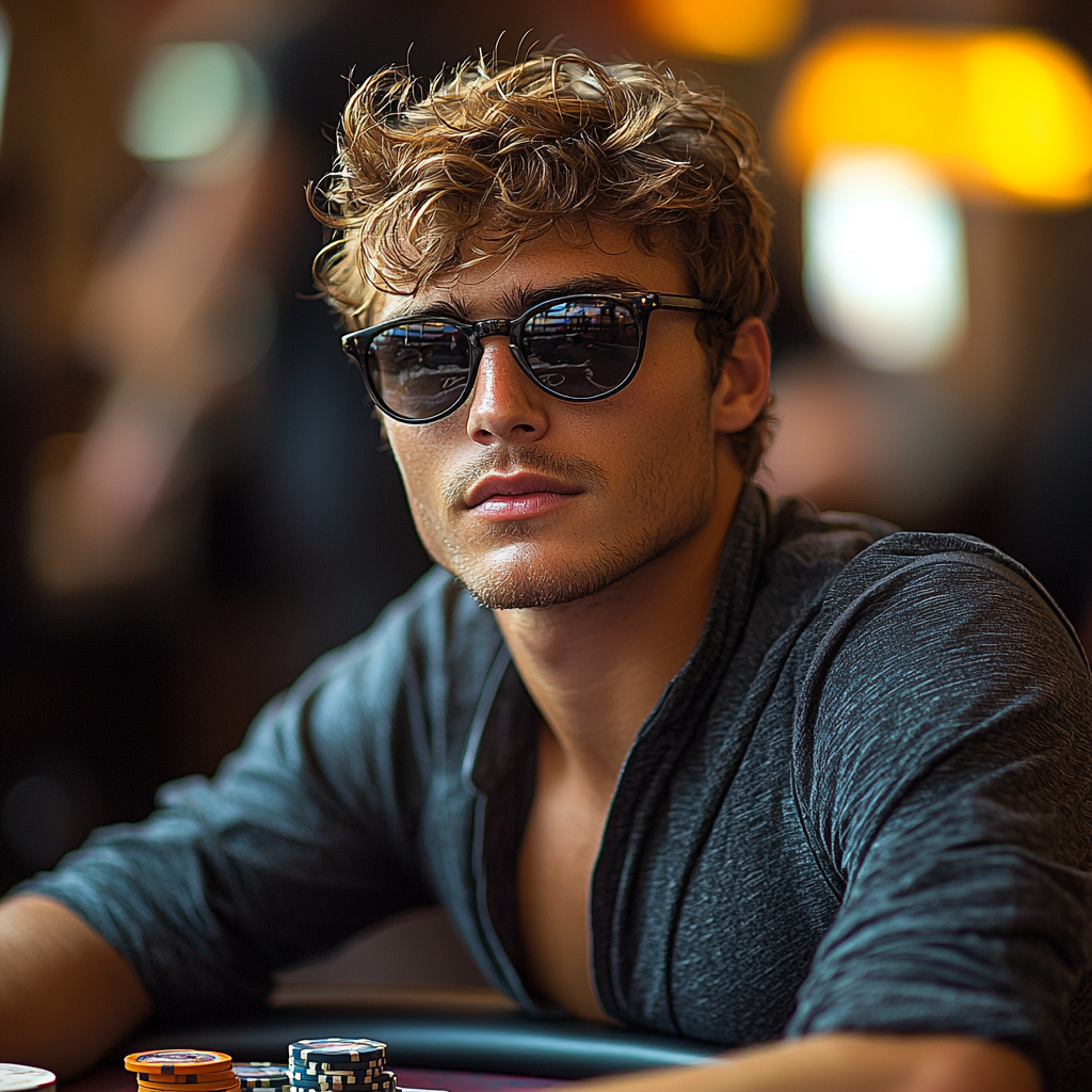 Mysterious man at calm poker table with sunglasses.