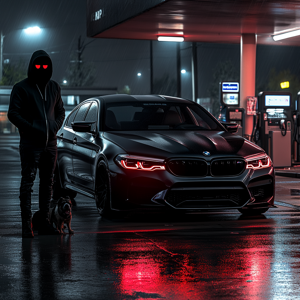 Mysterious man at gas station with black BMW