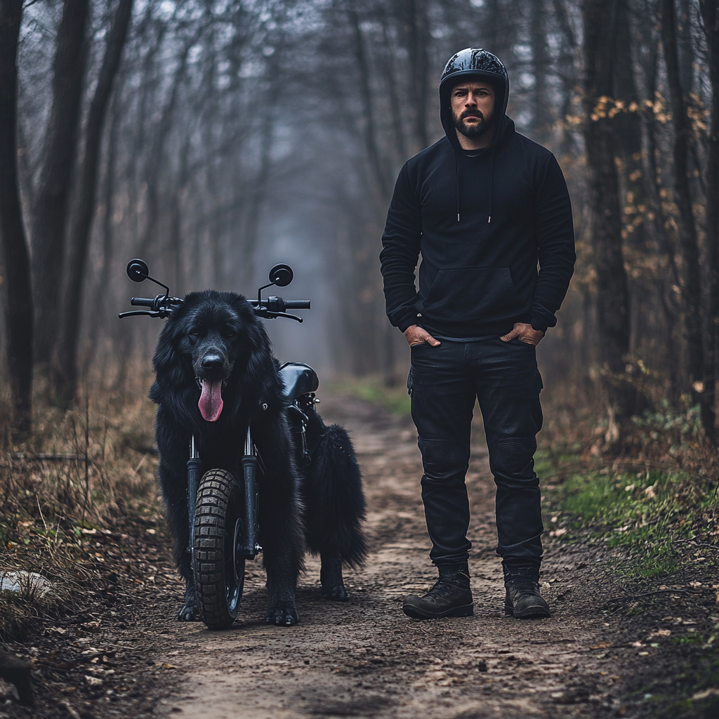 Mysterious man in black with dog and motorcycle