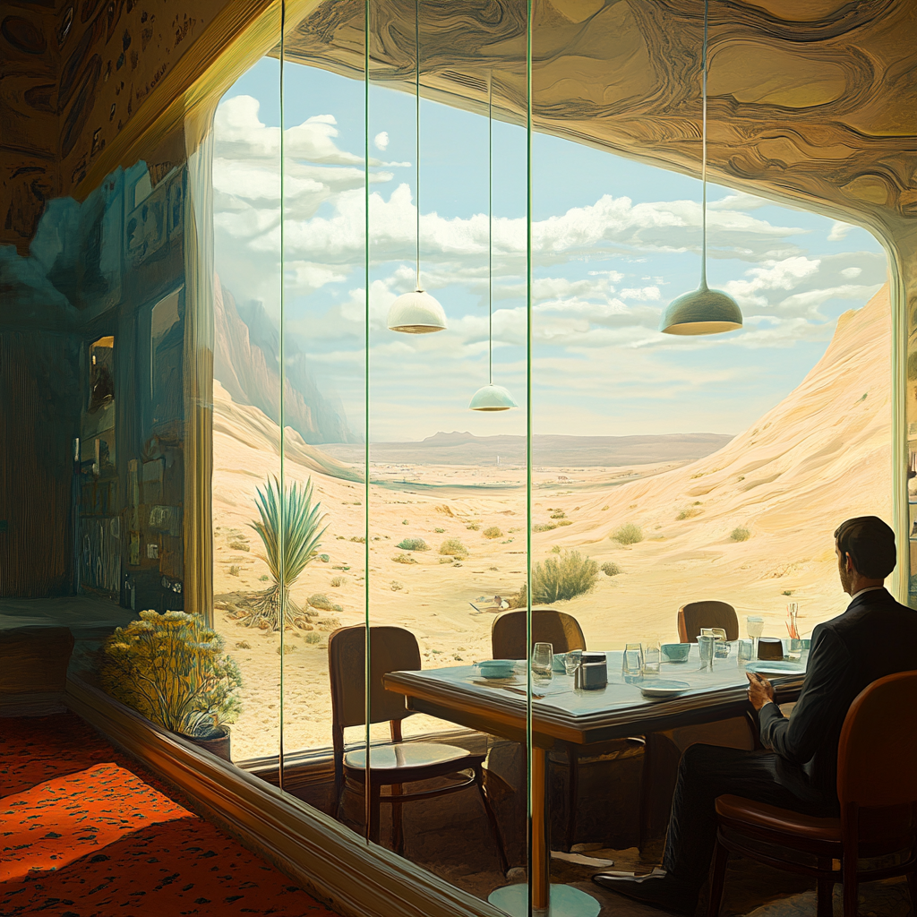 Mysterious man sits alone in desert diner window