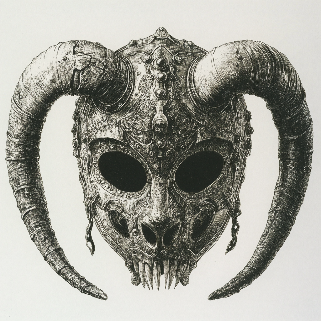 Mysterious mask with horns and teeth in intricate design.