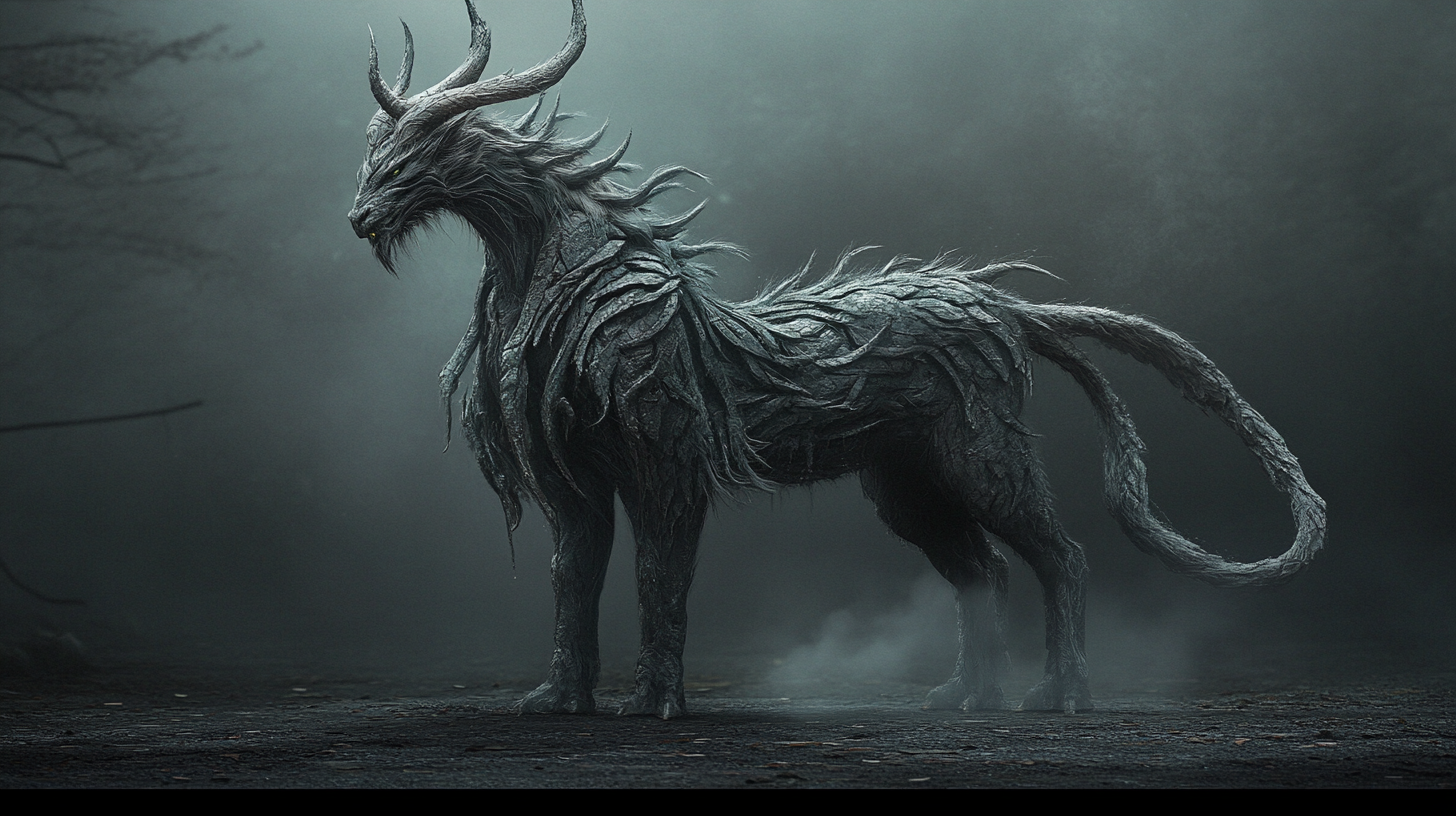 Mysterious mythical beast with nine tails and horns.