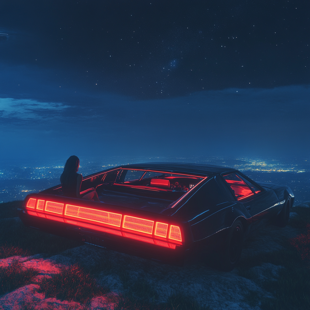 Mysterious night: Woman dreams on car top mountain.