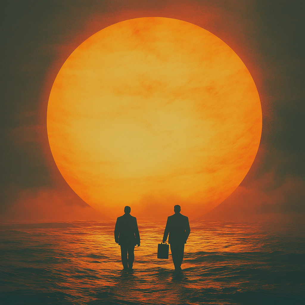 Mysterious ocean sunset with silhouetted figures walking.