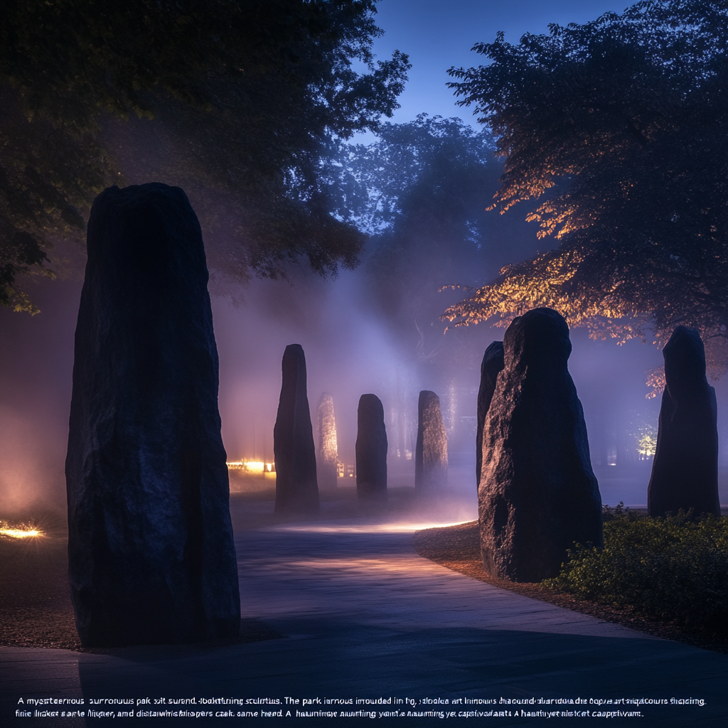 Mysterious park at night with ancient sculptures and fog.