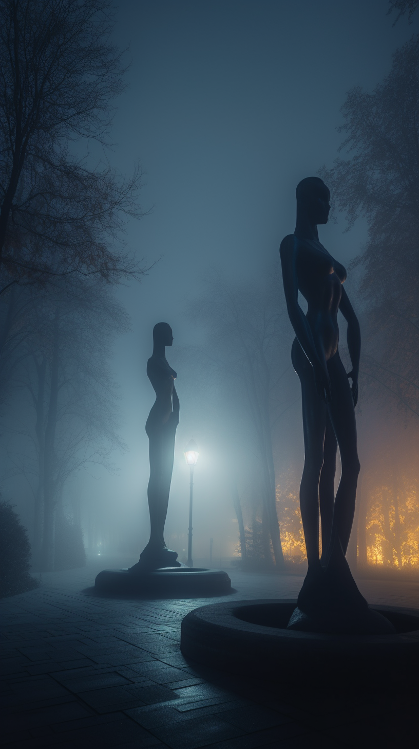 Mysterious park at night with ancient sculptures and ghosts.