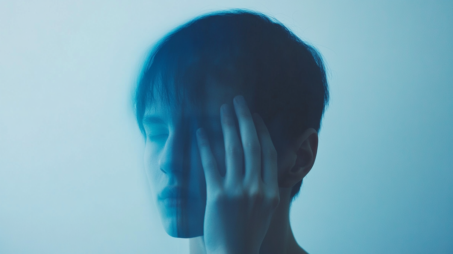 Mysterious person adjusting ear on light blue background.