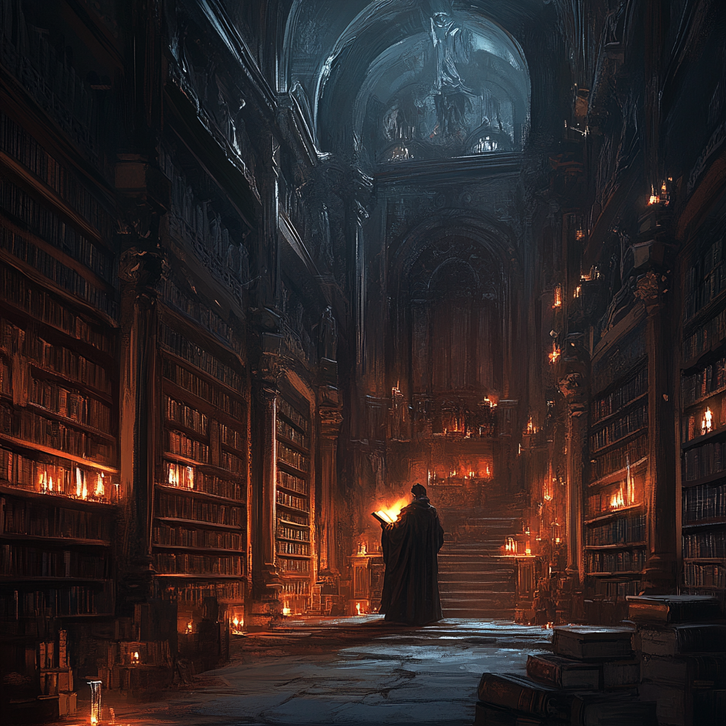 Mysterious scholar in ancient library with glowing book