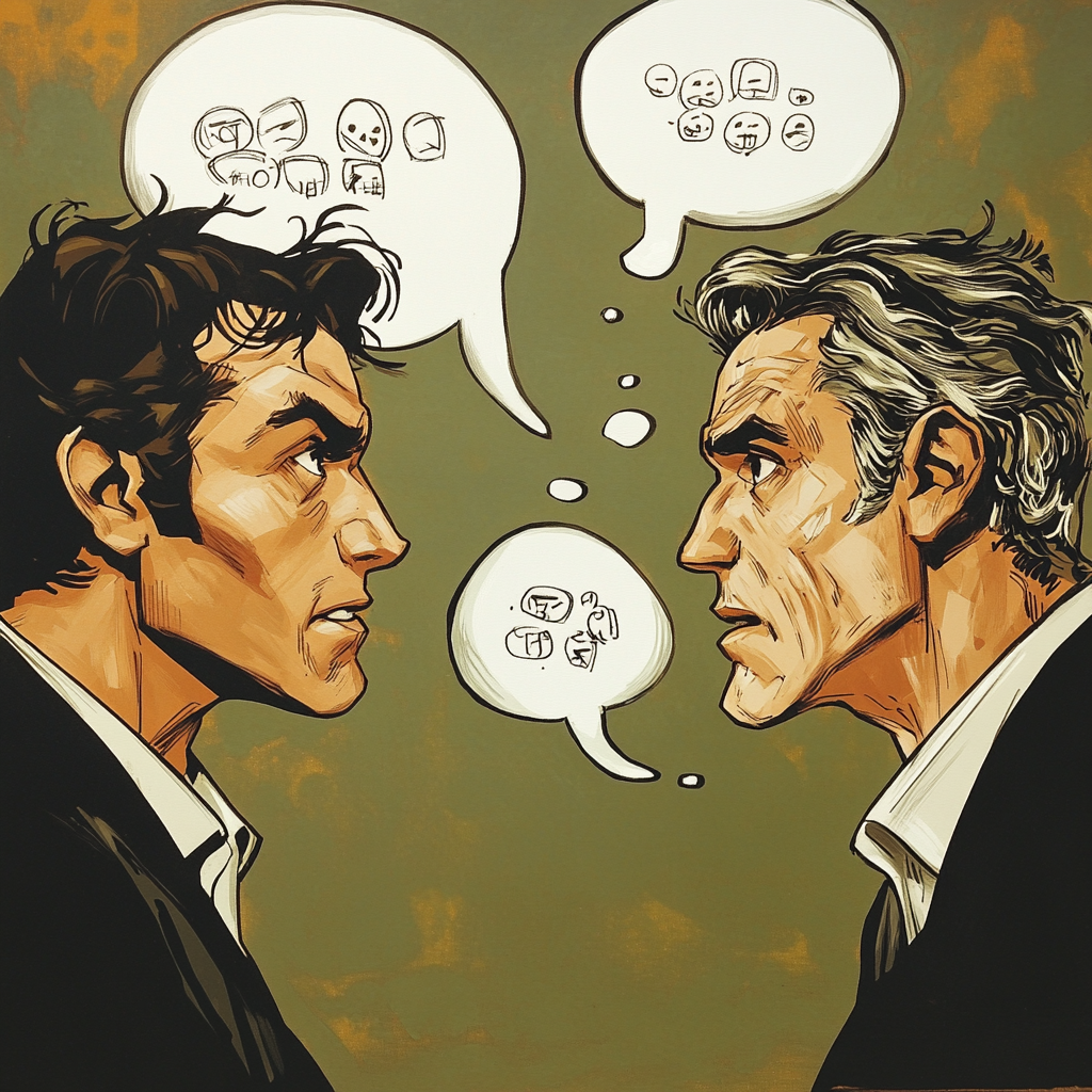 Mysterious symbols in word balloons between two men