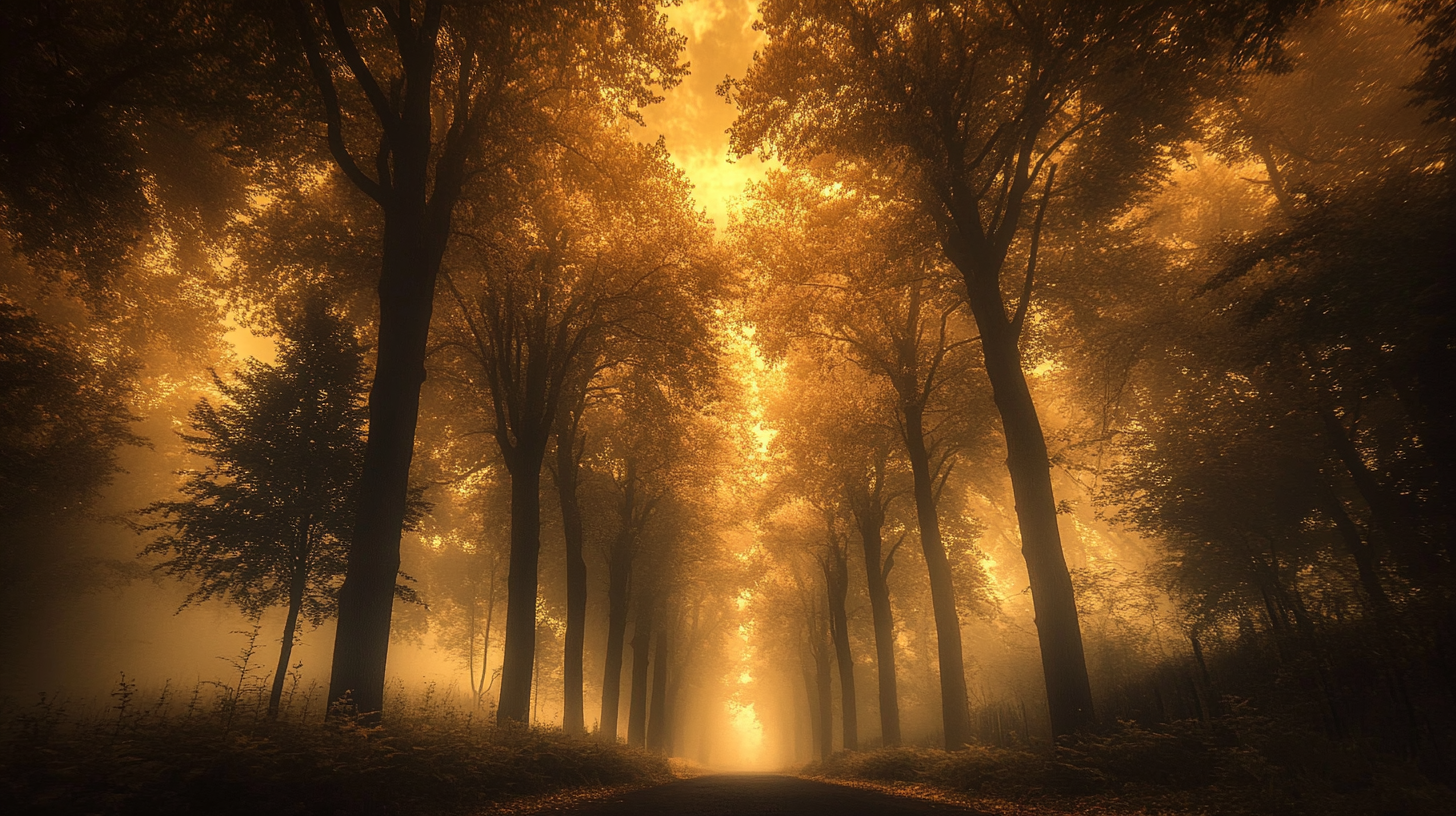 Mysterious tree cathedral with towering backlit trees in shadowy colors.