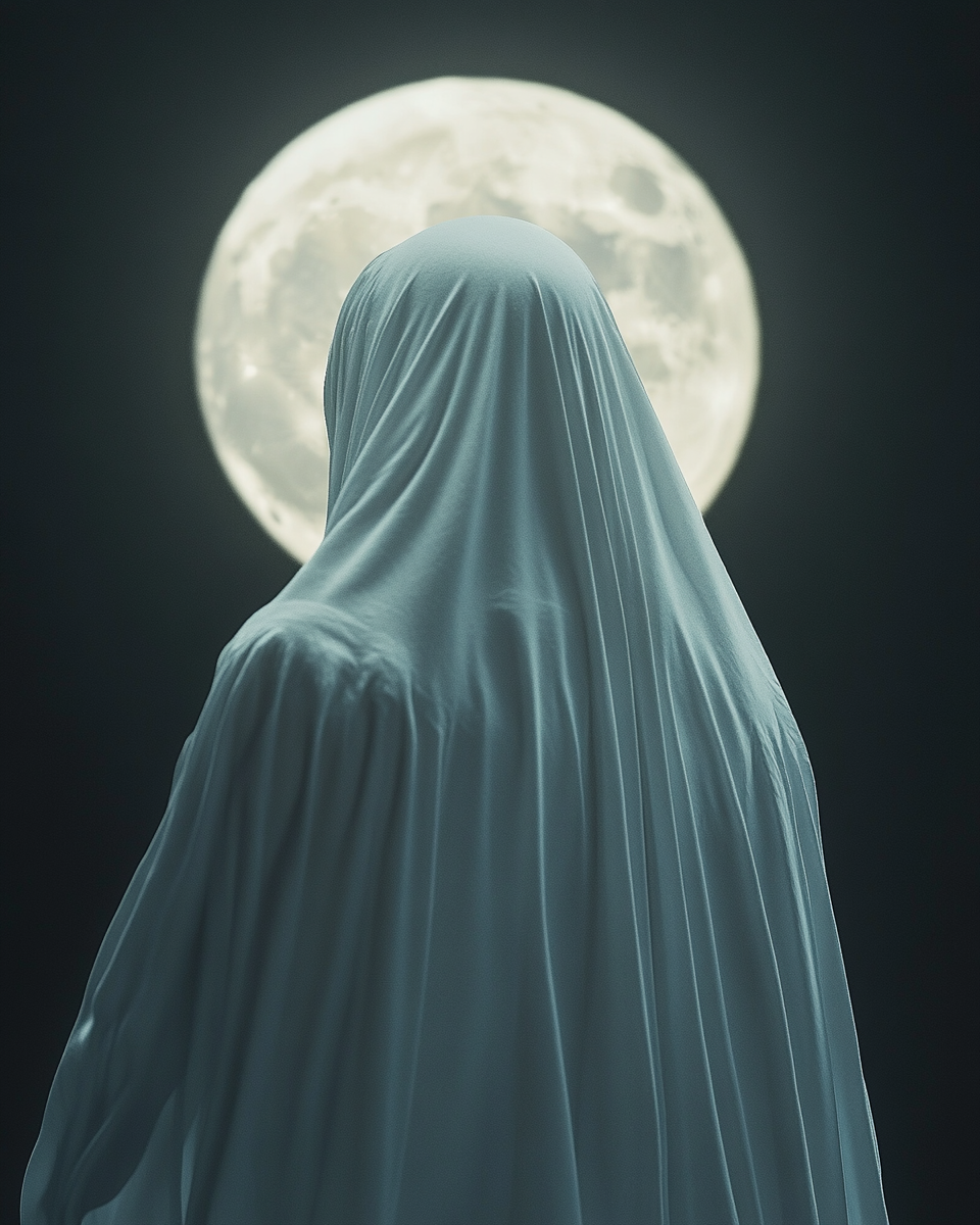 Mysterious woman in moonlight with veil, full moon.