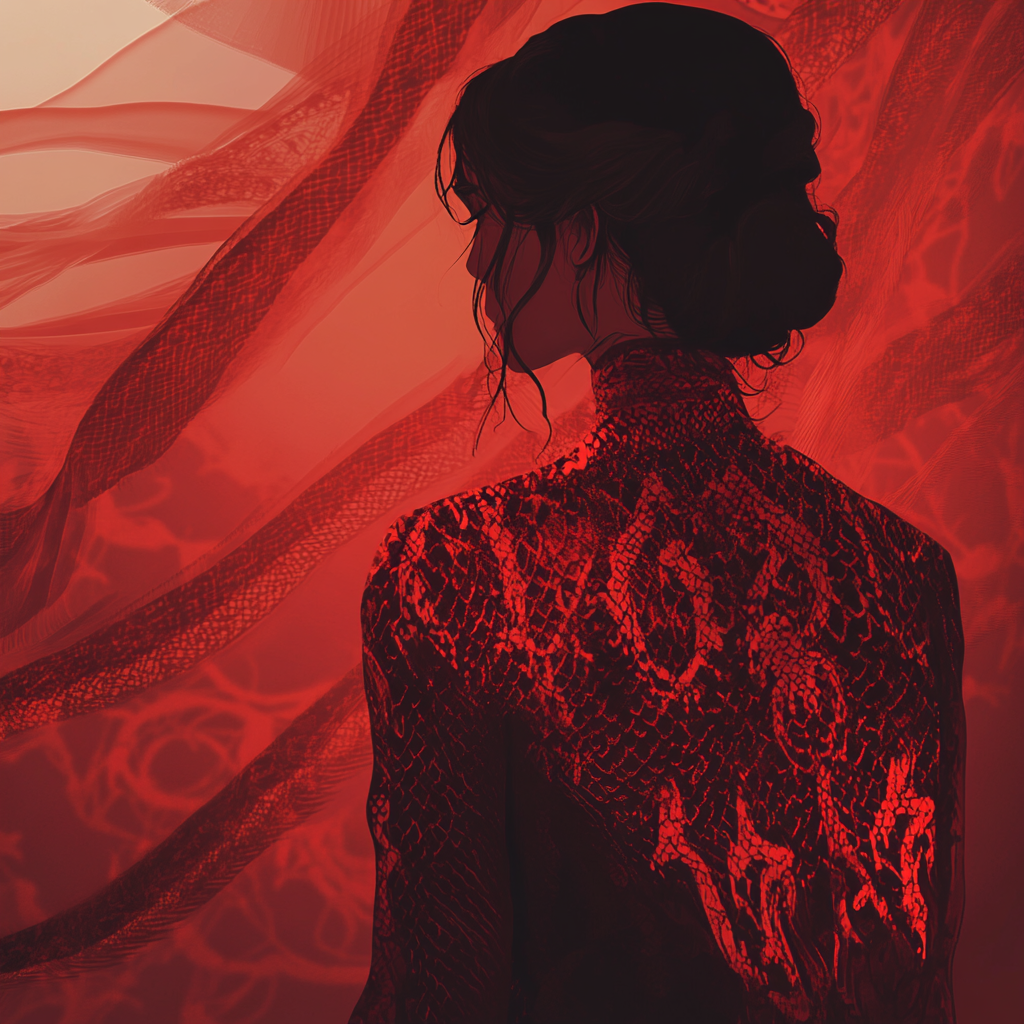 Mysterious woman in red snake-patterned outfit standing proudly