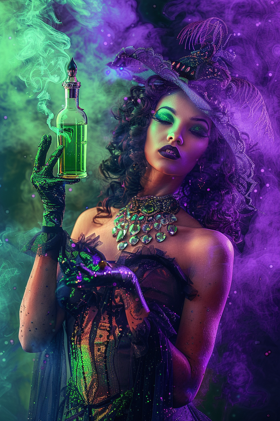 Mysterious woman in sparkling attire holds green potion