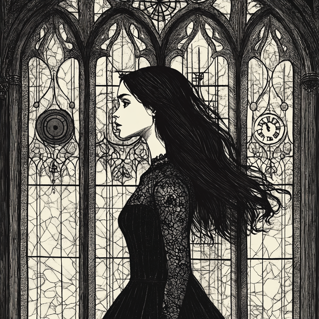 Mysterious woman stands by grand gothic window art.