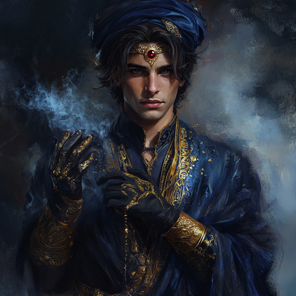 Mysterious young man dressed in blue and gold