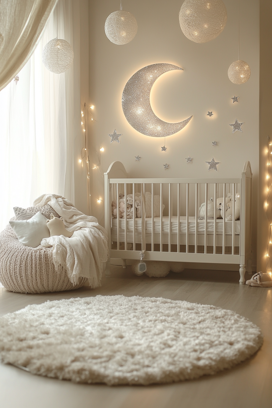 Mystic Moonbeam-themed nursery with moon-inspired decor, peaceful atmosphere.