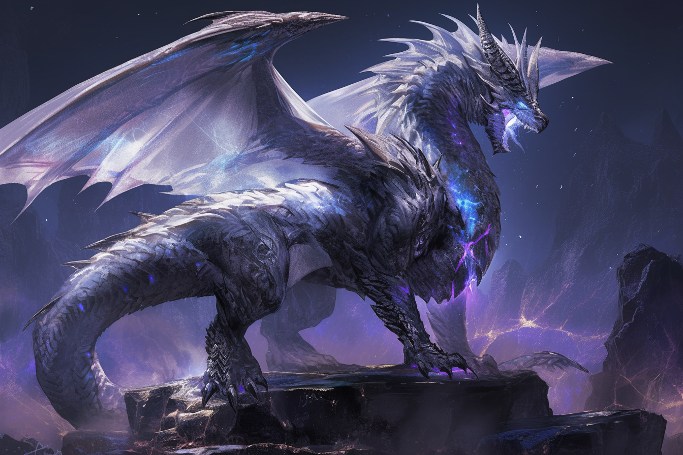 Mystic dragon with whiskers, gleaming scales, body runes.