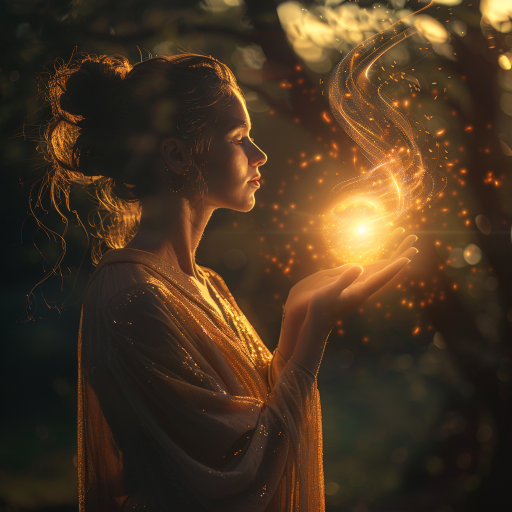 Mystic in robes holds glowing orb of light closely.