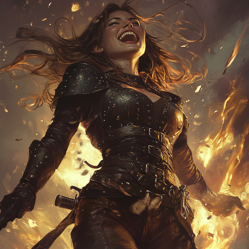 Mystical DND Character Art: Fey Female Laughing & Fighting 