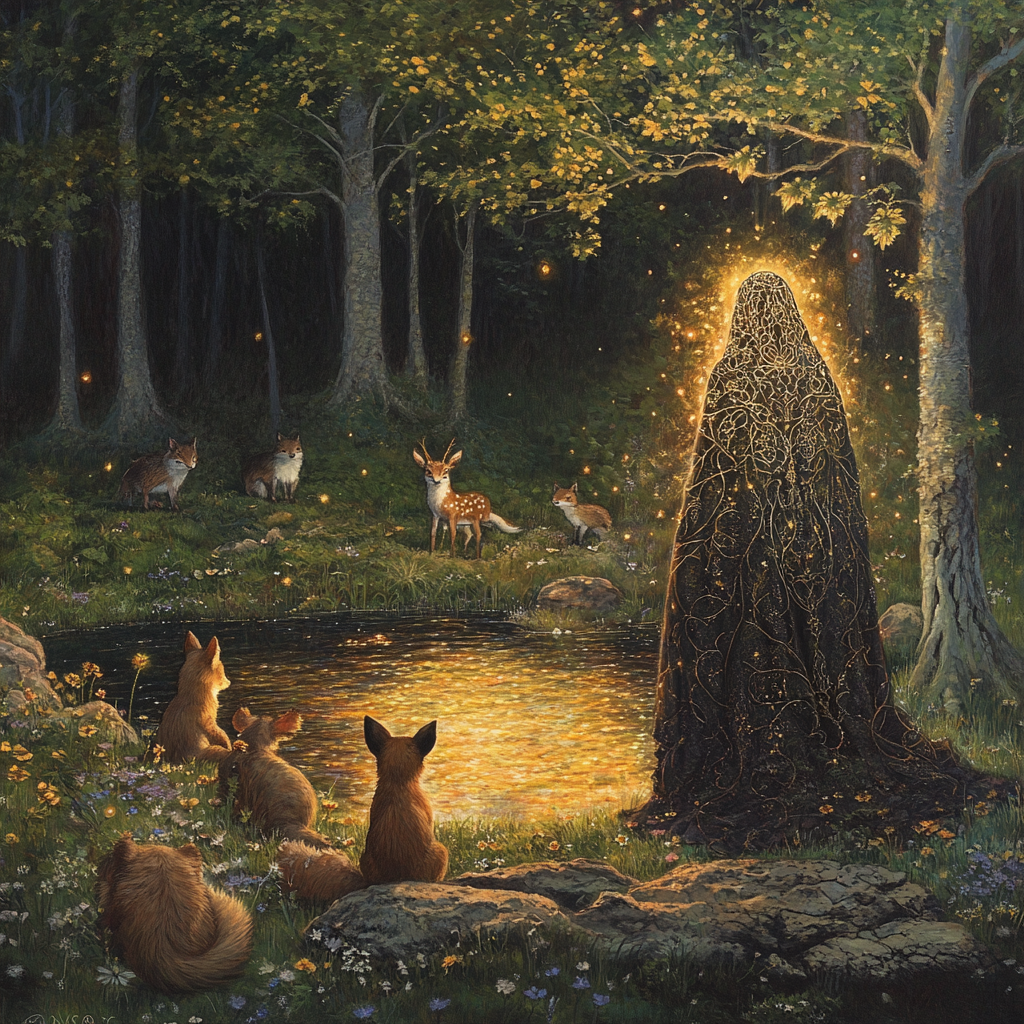 Mystical Figure with Woodland Creatures in Enchanted Clearing