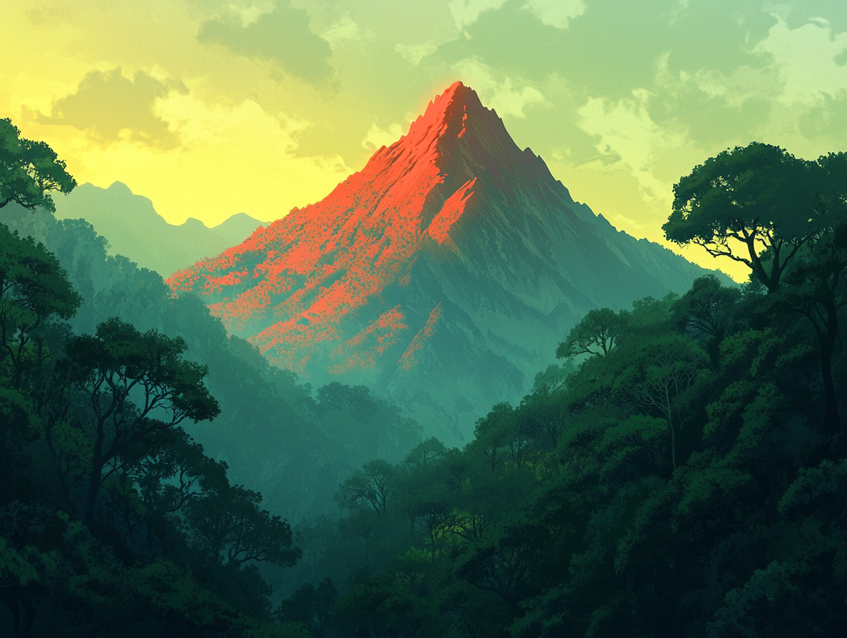 Mystical Forest with Red Mountain Peak