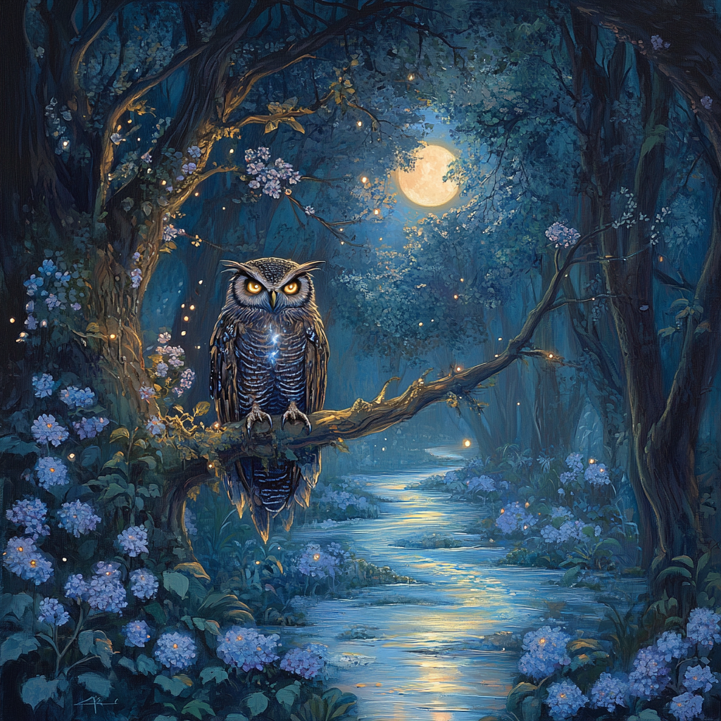 Mystical Glowing Owl in Bioluminescent Twilight Forest