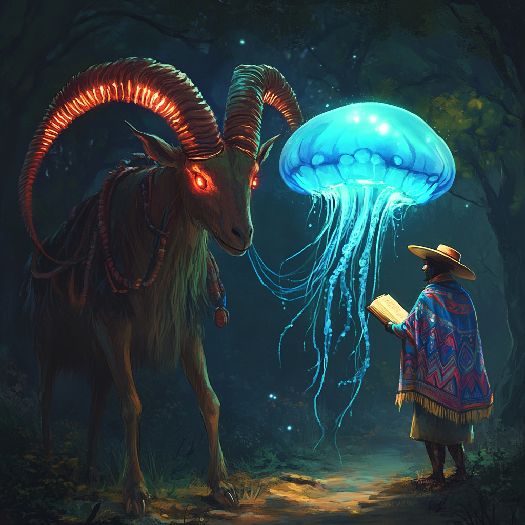 Mystical Goat Creature meets Humanoid Jellyfish in Forest