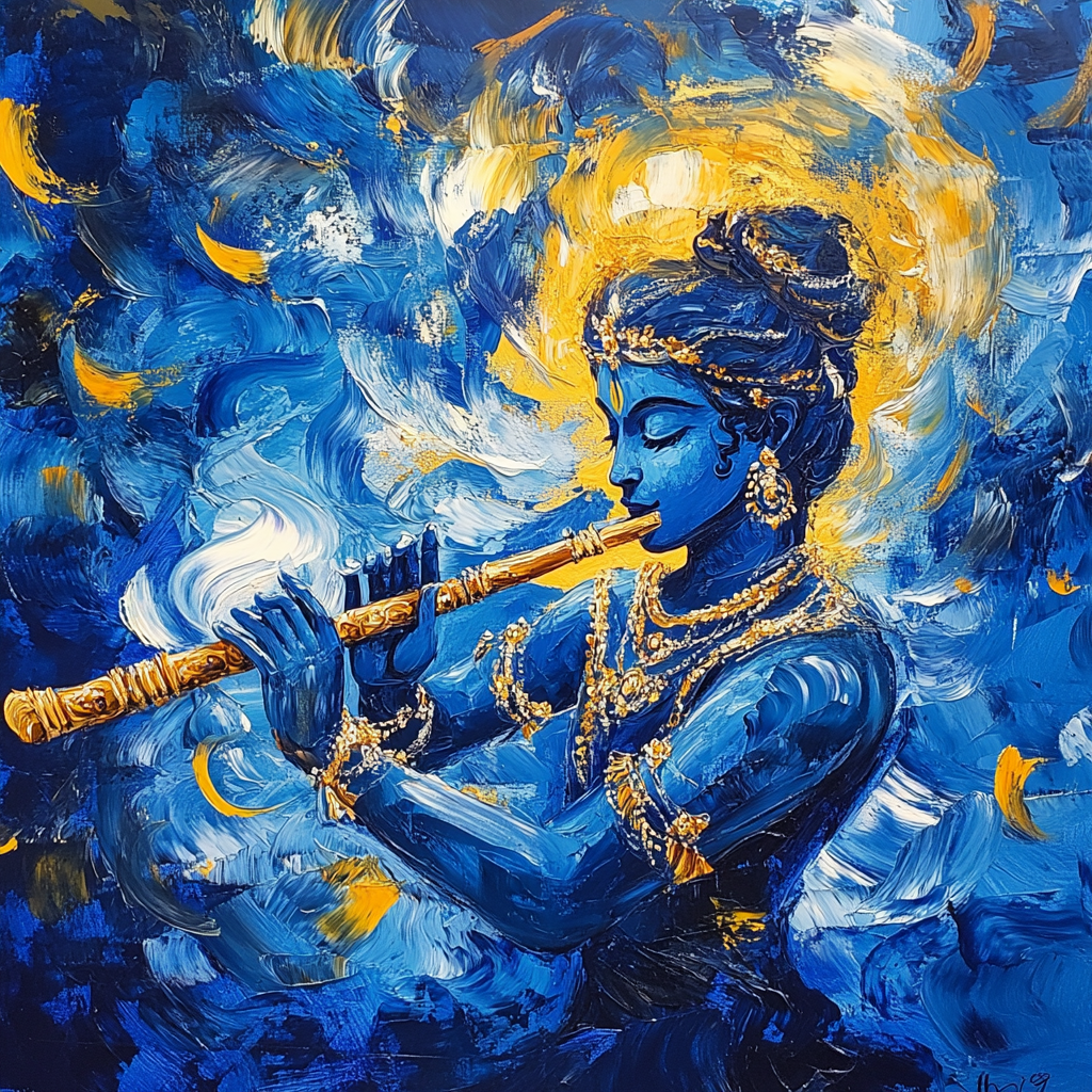 Mystical Lord Krishna Playing Flute Under Cosmic Sky