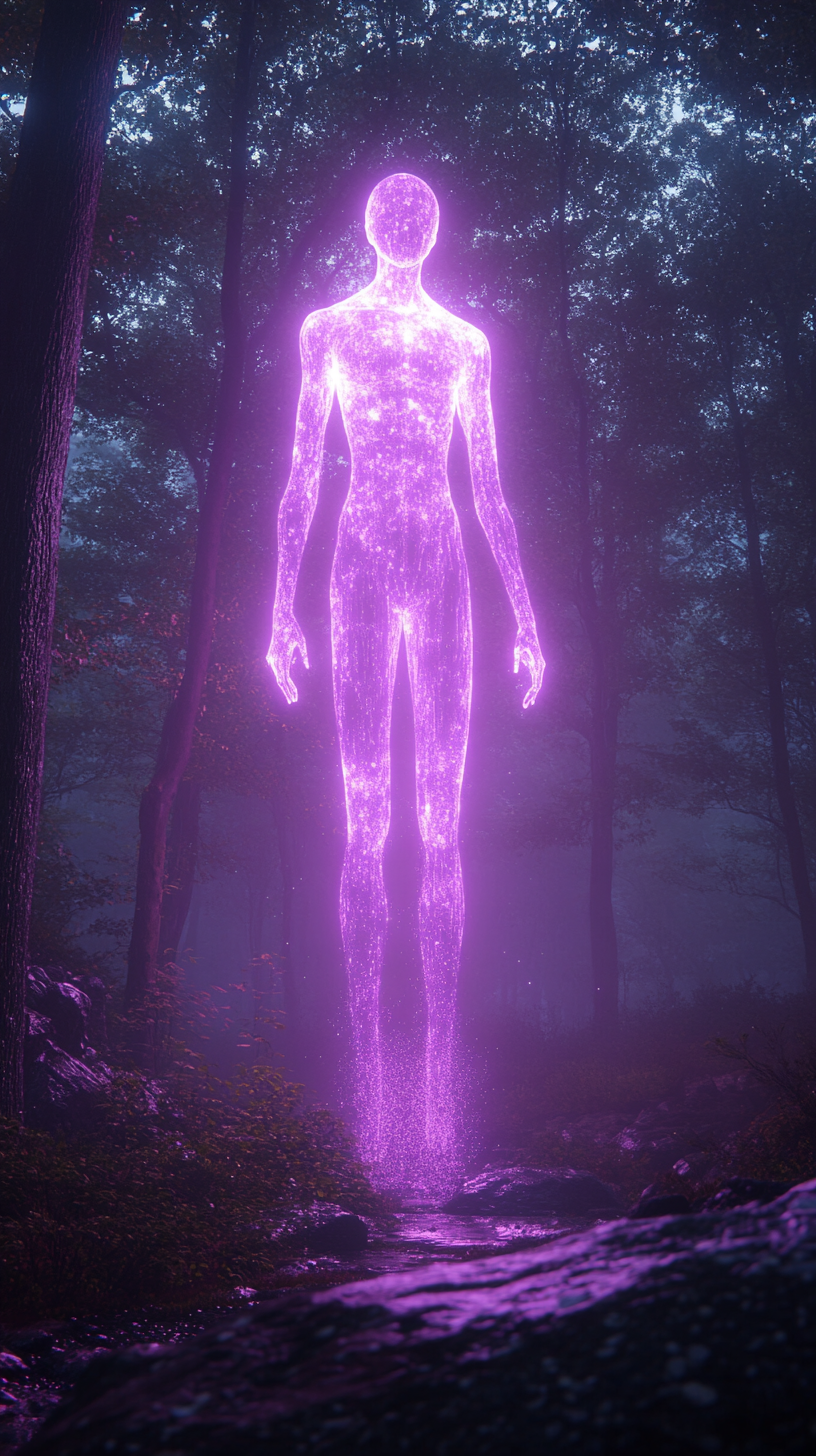 Mystical Purple Figure Radiates Light in Enchanted Forest.