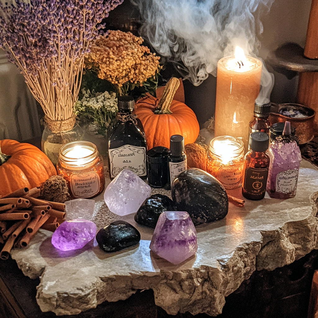 Mystical Samhain Altar with Autumn Symbols