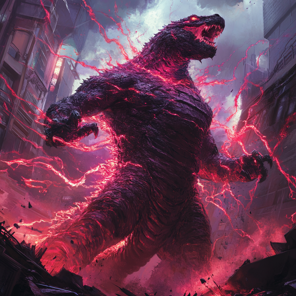 Mystical Scarlet Witch and Godzilla hybrid in dystopian cityscape.