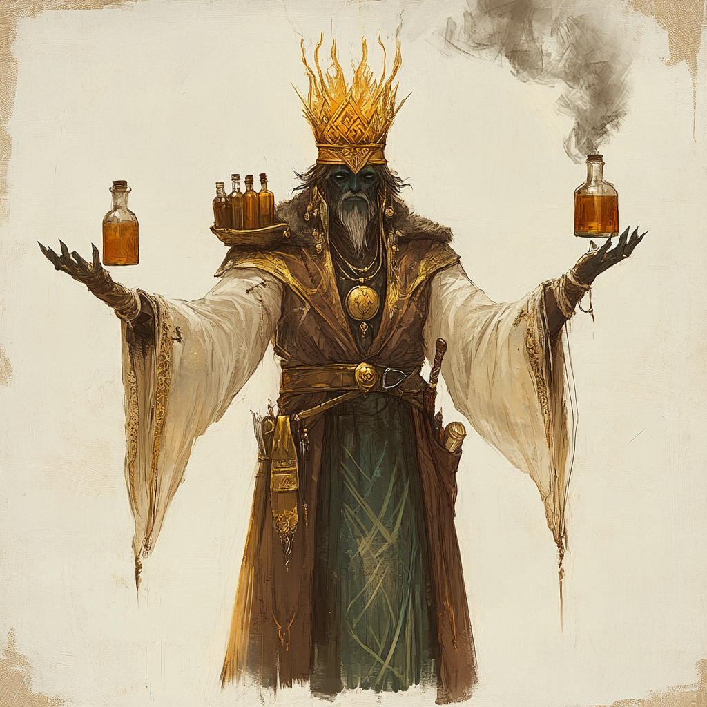 Mystical Shaman Alchemist with commanding presence in golden crown