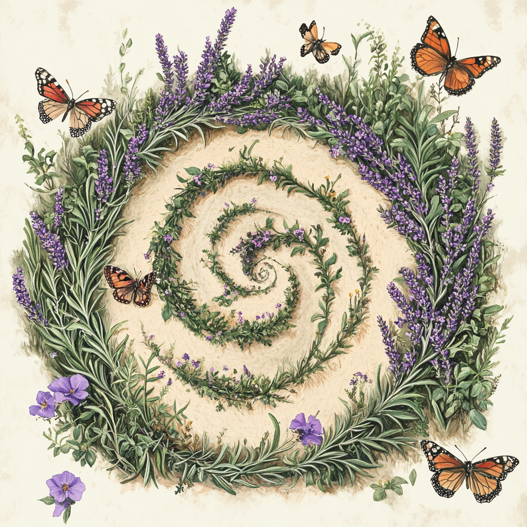 Mystical Spiral Herb Garden with Butterflies and Birds