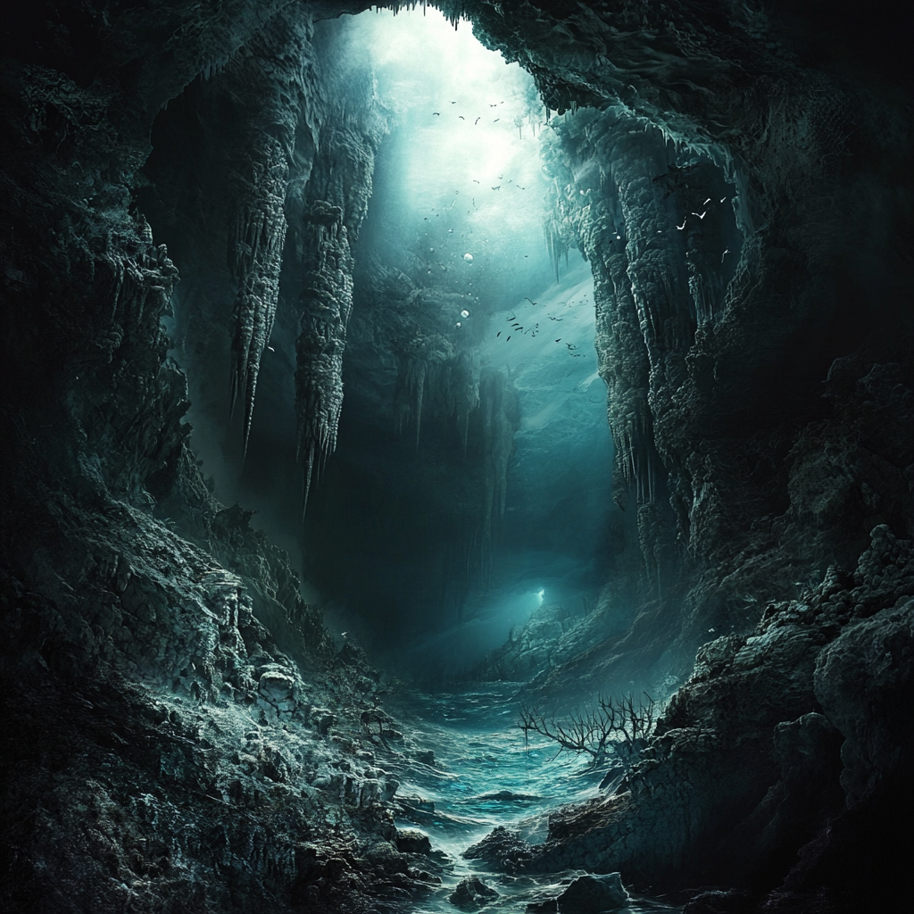 Mystical album cover journey deep underwater cavern.